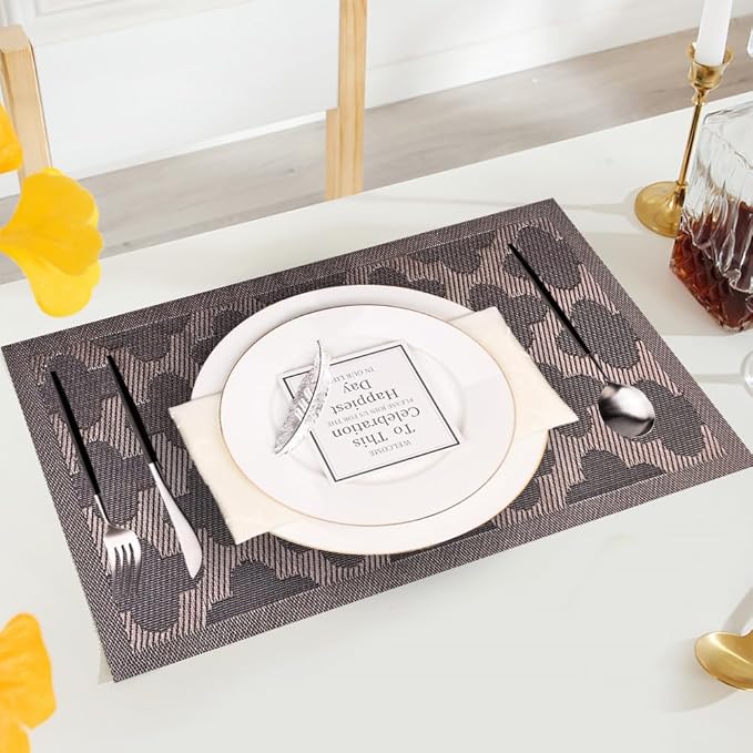 Elegant Placemats Vinyl Woven Heat-Resistant Placemats Set of 8 Washable Easy to Clean Table Mats for Dining Room and Decorate (Brown)