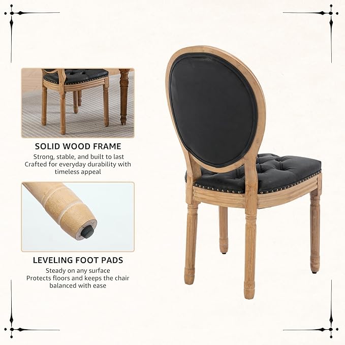 Vintage French Dining Chairs Set of 2, Round Back PU Leather Upholstered Side Chairs with Nailhead Trim and Solid Wood Frame, Sillas de Comedor for Dining Room & Kitchen, Black