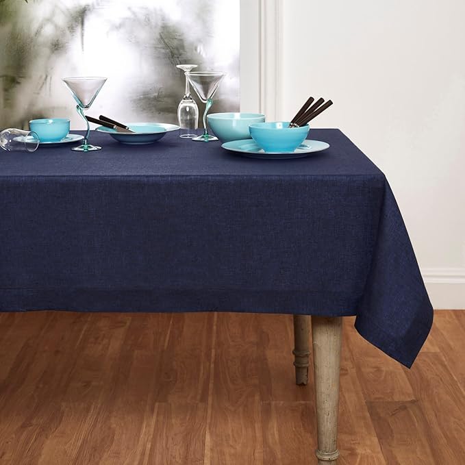 Solino Home Linen Tablecloth 60 x 156 Inch - 100% Pure Linen Chambray Navy Table Cloth for Rectangular Tables - Athena, Machine Washable Cloth Tablecloth for Winter, Spring
