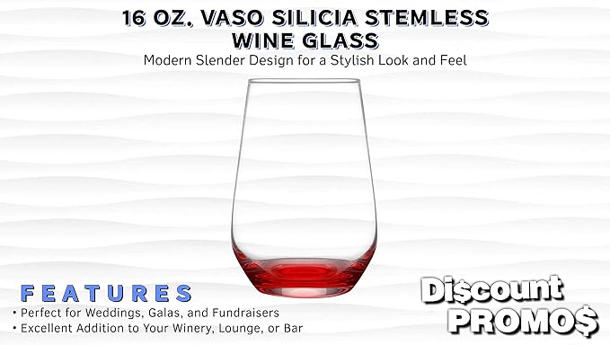 DISCOUNT PROMOS 10 Vaso Silicia Stemless Wine Glasses Set, 16 oz. - Clear, Orb-Like, Thick base - Red