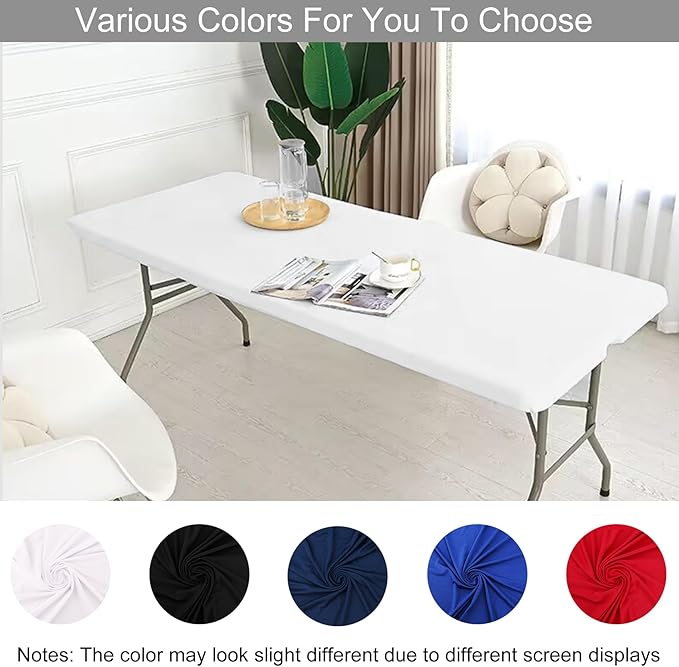 4 Pack Spandex Table Top Cap Cover Stretch Fitted Washable Elastic Rectangle Tablecloth for 8 FT Folding Tables for Indoor Outdoor Party (96 x 30 Inches, White)