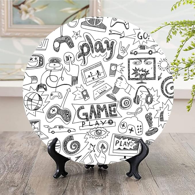 Ceramic Display Plate, Video Games Ceramic Hanging Decorative Plate, Monochrome Sketch Style Gaming Design Racing, 8 Inch, Living Room Kitchen Decoration Household, White Black