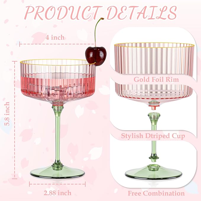 XUWAIDSGN 12 Pcs Champagne Martini Glasses 9 Oz with Gilded Removable Gold Rim Coupe Glasses Pink Martini Glasses Plastic Mimosa Vintage Coupe Glasses Set For Wedding Anniversary (12, Pink & Green)