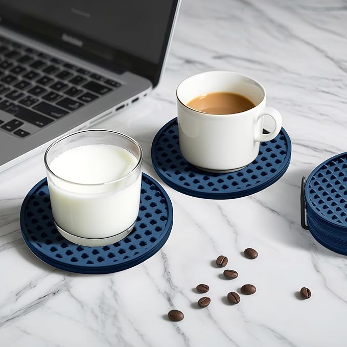 Coasters for Drinks, Silicone Coasters Set of 12 with ABS Holder, Outdoor Coaster for Coffee Table, Non-Slip Rubber Table Cup Mat Desk, Heat Resistant & Scratch-Proof (Navy Blue)