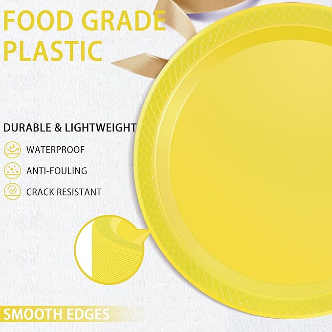 WELLIFE Yellow Plastic Party Plates 9 Inch -150 Count, Disposable Plastic Dinner Plates for Easter Spring Parties Mother's Day Picnic BBQ