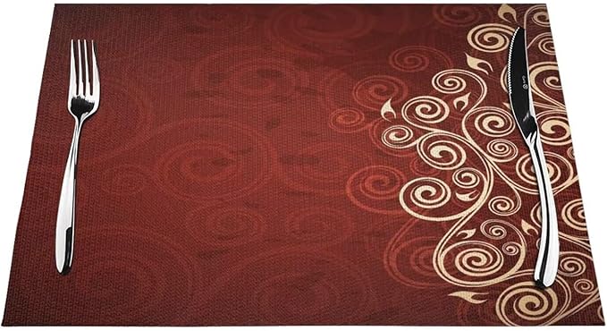 Burgundy Placemats Set of 6 Red Floral Swirls Ivy Image Ombre Details Wipeable Table Mats Flower Art Reusable Washable PVC Rectangle Place Mats for Kitchen Dining Home Decor 12x18 Inches