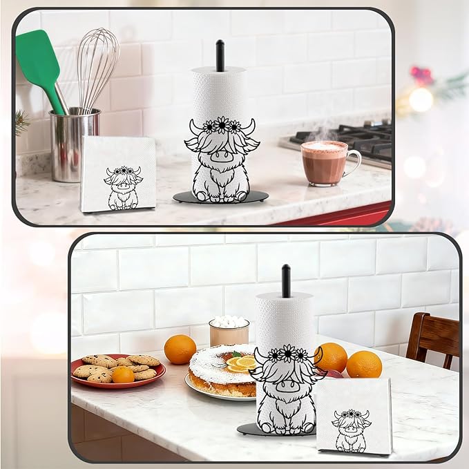 Highland Cow Paper Towel Holder Countertop Kitchen Decor Indoor with Round Base, Iron Rustic Highland Cow Napkin Holder Stand Accessories for Bathroom Kitchen Dining Farmhouse, 2 PCS