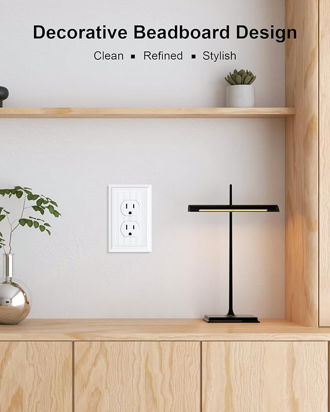 2-Pack Classic Beadboard Duplex Outlet Cover Plate, Decorative Pure White Switch Plates and Outlet Covers, Natural Bamboo Fiber Wall Plates for Electrical Outlets, 1 Gang Receptacle Cover