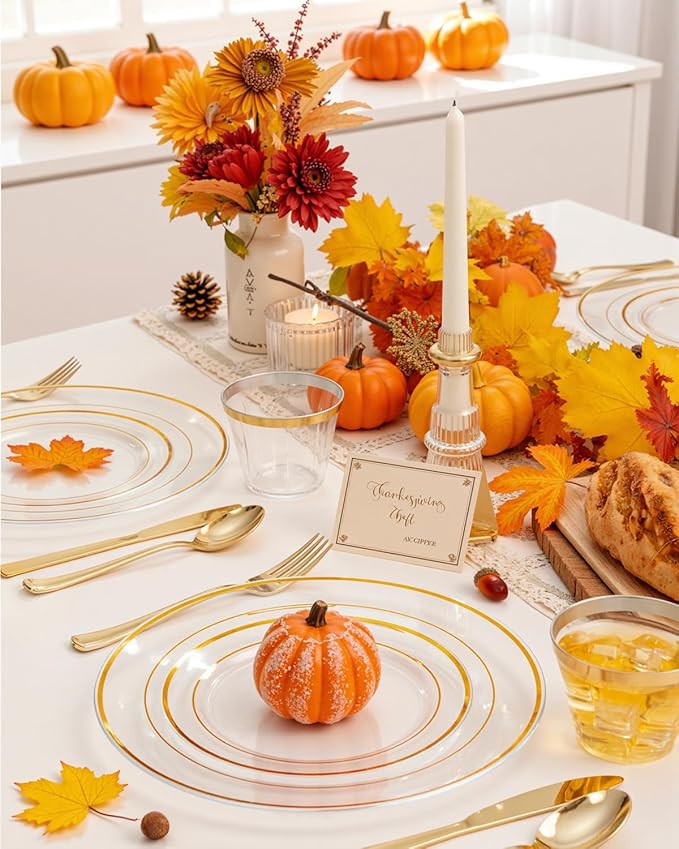 bUCLA 300Pcs Clear Gold Plastic Disposable Dinnerware Set - Clear Plates with Gold Trim Include 50 Dinner / 50 Dessert Plates,50 Cups,150 Plastic Silverware Set for Party