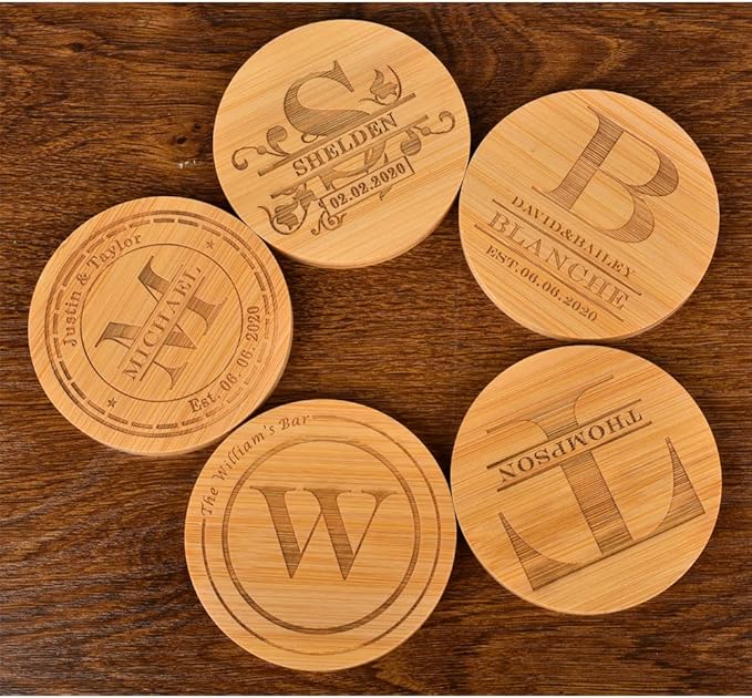 Personalized Bamboo Coasters, Custom Engraved Monogram Coasters with Holder, Great Gifts for Relatives, Friends or Yourself (Set of 4)