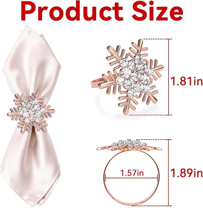 ZeeDix Christmas Snowflake Napkin Rings Set of 12- Rose Gold Rustic Dinner Tables Setting Decoration for Wedding Receptions, Christmas Holiday Party Dinner Parties