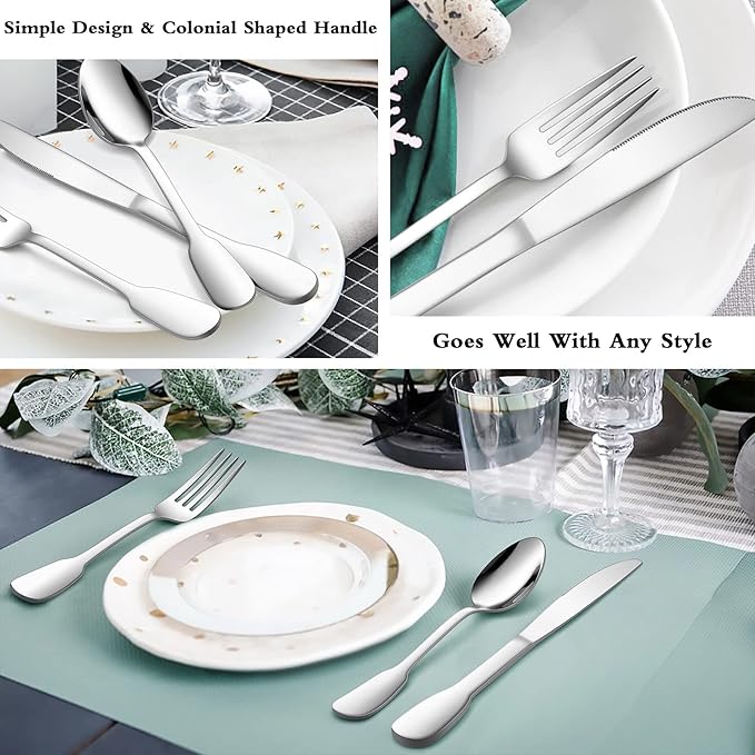 18/10 Silverware Set, E-far 40-Piece Stainless Steel Flatware Cutlery Set Service for 8, Metal Tableware Eating Utensil Sets for Home/Restaurant/Wedding, Elegant & Classic Style - Dishwasher Safe