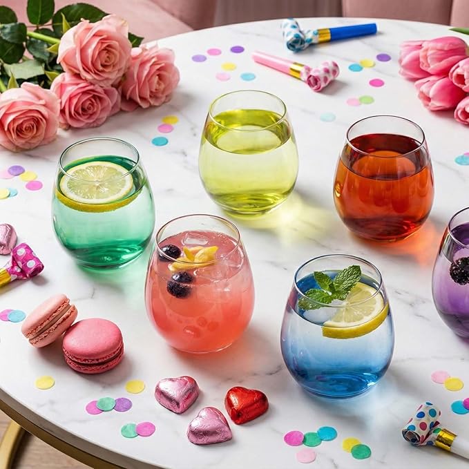 ColoVie 15oz Stemless Wine Glasses Set of 6, Lead-Free Crystal Colored Gradient Wine Glass, Iridescent Ombre Glassware for Red & White Wine, Unique Housewarming & Birthday Gifts for Women