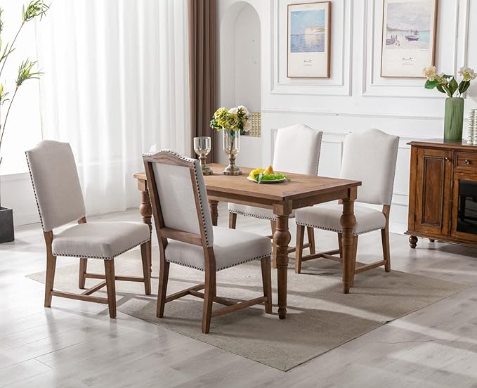 CIMOTA Mid Century Modern Dining Chairs Set of 4, Farmhouse Upholstered Dining Room Chairs Comfortable Kitchen Side Chairs with High Back/Natural Solid Wood Frame, Linen Beige