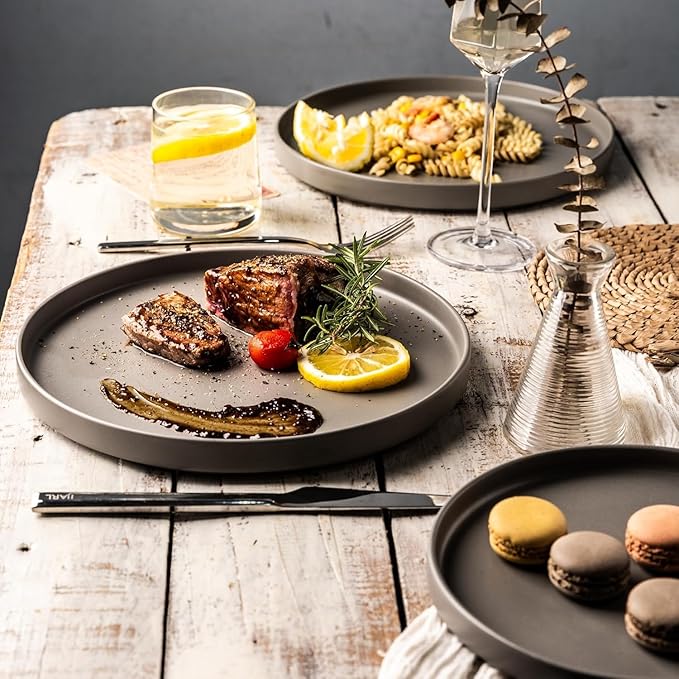 AmorArc Ceramic Dinnerware Sets for 4, Modern Flat Stoneware Plates and Bowls Sets,Chip and Crack Resistant | Dishwasher & Microwave Safe Dishes Set,Scratch Resistant- Service for 4 (12pc)-Matte Gray