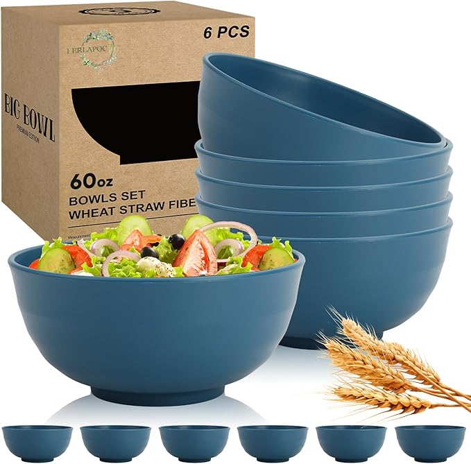Wheat Straw Bowls Set of 6, 60 OZ Unbreakable Camping Bowls, Microwave Safe & Dishwasher Safe, Large Salad Bowls for Outdoor, Picnic, RV Trips, Ramen, Cereal, Soup, Dark Blue