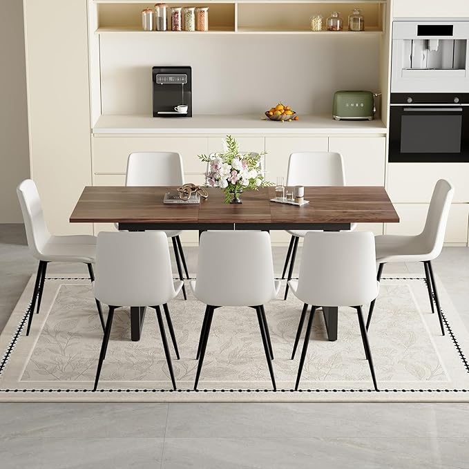 Extendable Dining Table Set for 8, 55"–71" Modern Wood Kitchen Table with 8 Upholstered Chairs, Space-Saving for Living Room Apartment, Sturdy & Comfortable, Easy Assembly