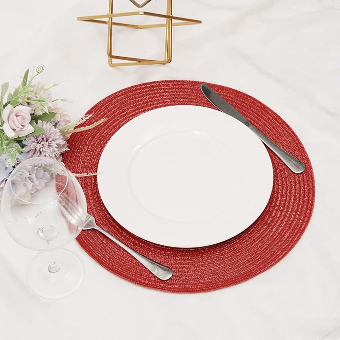 SHACOS Round Placemats Set of 4 Non Slip Washable Place Mats 15 inch Cotton Polyester Braided Placemat for Christmas Home Wedding Party Dining Table Decor (Red, 4)