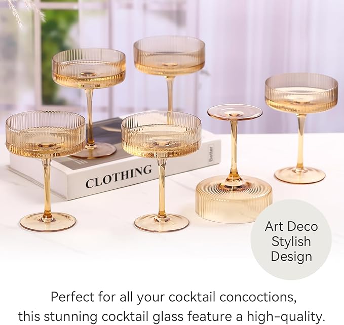 Amber martini glasses Vintage Art Deco Amber Coupe Glasses Set of 6 Ribbed Martini Cocktail Glasses 9 oz|Vintage Cocktail Glasses Set,Unique Pink Coupe Glass, Classic Cocktail Galssware