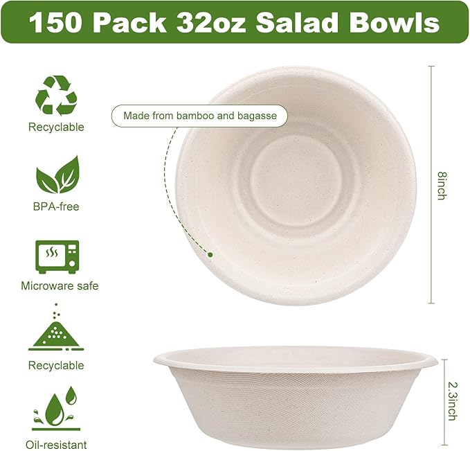 Large Disposable Paper Bowls-32oz for Hot Soup,150 Pack Eco-Friendly, Compostable Bagasse Disposable Heavy Duty Biodegradable Bowls Bulk for Hot Food, Salad, Milk Cereals