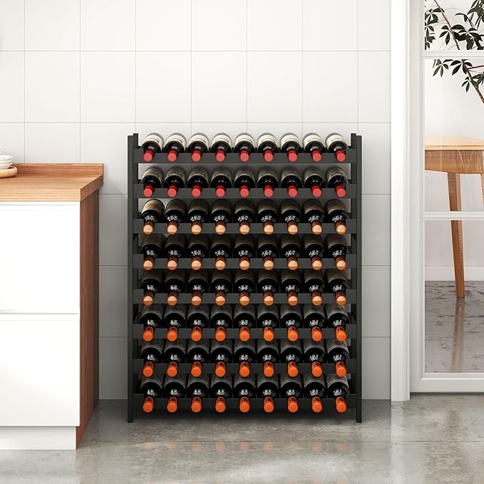 Wine Rack Freestanding Floor, Bamboo 8-Tier 69 Wine Bottle Holder Racks Countertop Cabinet Display, Wooden Stackable Modular Wine Storage Organizer Shelves for Kitchen Bar Cellar Dining Room Black