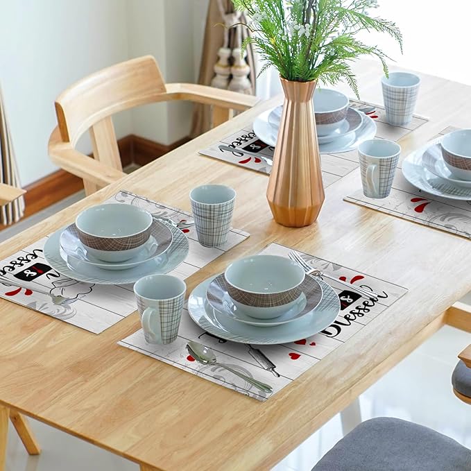 Farmhouse Kitchen Table Placemats - Rustic Place Mats Set of 4 White Wood Table Mats 12x18 for Party Dining Table