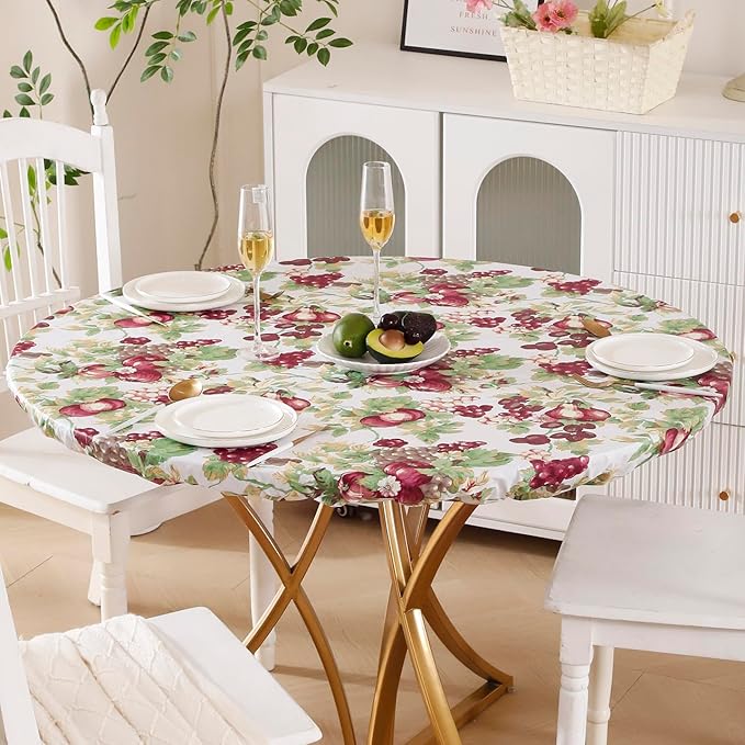 Walrus Round Vinyl Fitted Tablecloth with Flannel Backing Elastic Edge Design Table Cover Waterproof Oil-Proof PVC Table Cloth Stain-Resistant Best for 57"-66" Round
