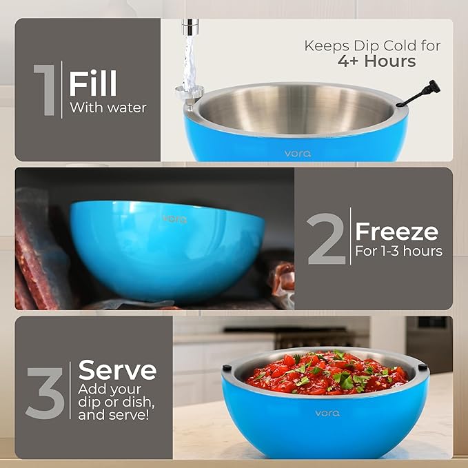 Vora 35oz Stainless Steel Dip Chiller Bowl Keep Dips, Salads, and Appetizers Perfectly Cold with a Double-Walled Ice Cavity Insulated Serving Bowl and Leak-Resistant Ice Bowl for Effortless Hosting.