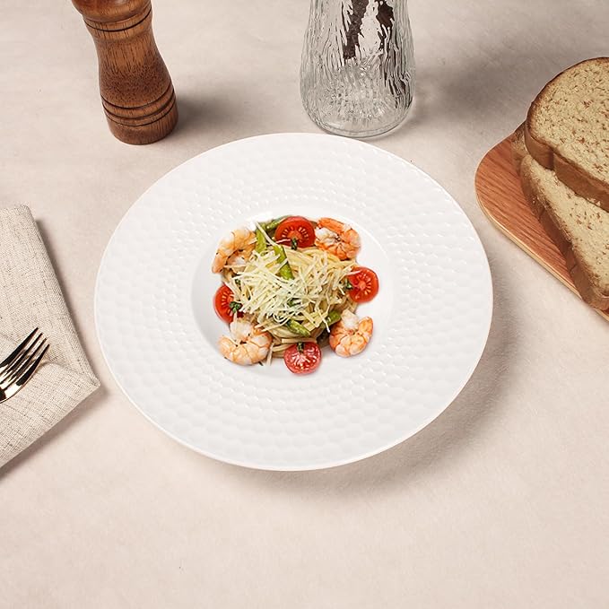 Creative home decor ceramic wide-rimmed soup bowls/plates, 10.5 oz pasta bowl four-piece set, white embossed bowls and plates with rims, ideal for upscale restaurants, hotels and gourmets, 11 inches.