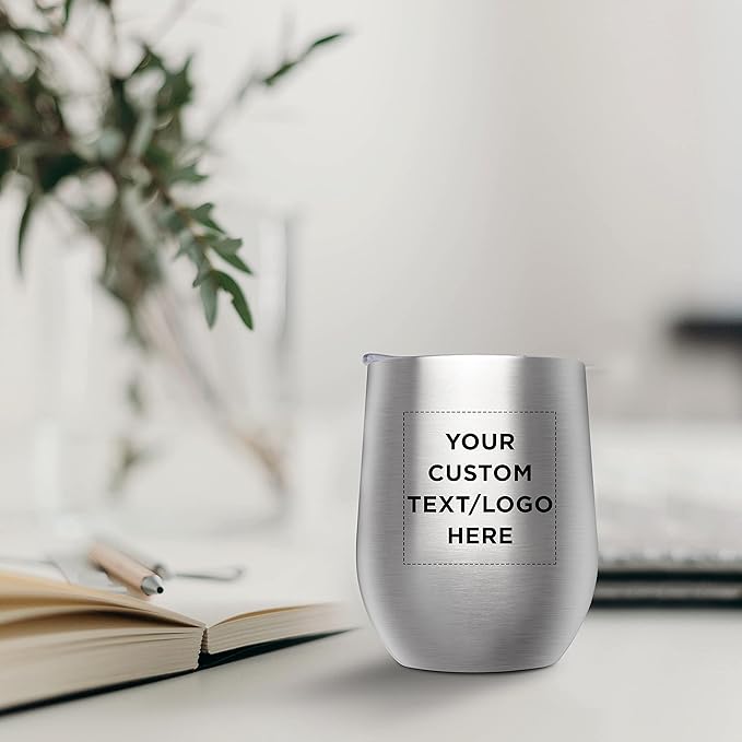 Custom Stemless Wine Glass Tumblers with Lids by Largo 11 oz. Set of 6, Personalized Bulk Pack - Perfect for Wine, Cocktails, Other Hot & Cold Beverages - Silver