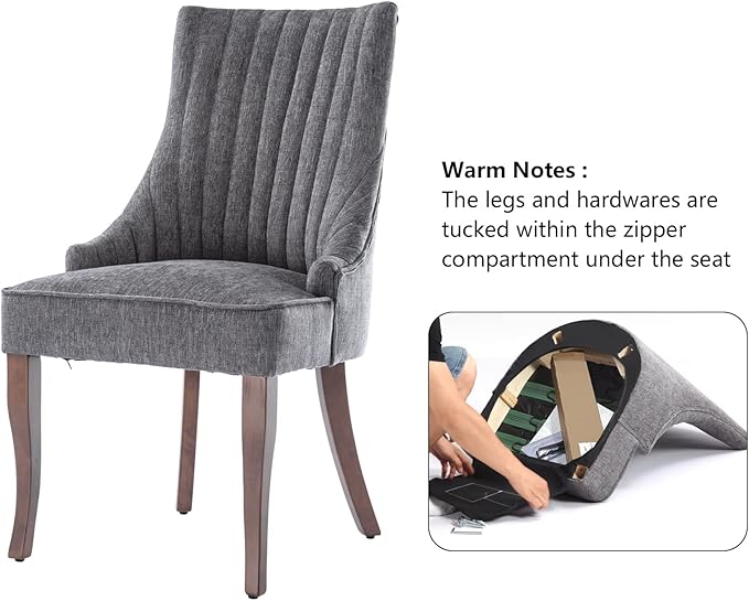 mikibama Linen Dining Chairs Set of 2 Channel Tufted Kitchen Dinner Chair Comfy Fabric Upholstered Accent Chair for Dining Room with Solid Wood Legs (Grey)