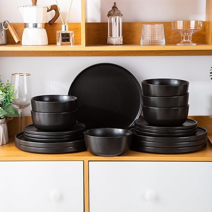 AmorArc Ceramic Dinner Salad Plates Set of 6, 8.5 Inch Reactive Matte Glaze Dish Set, Dessert,Salad, Appetizer, Small Dinner Plate,Microwave, Dishwasher Safe, Scratch Resistant, Matte Black