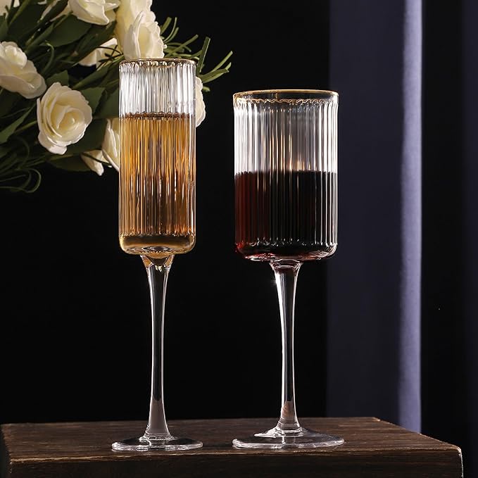 Lysenn Vintage Glassware Set - Ribbed & Fluted Wine, Champagne, Whiskey & Highball Glasses for Wedding or Party, Set of 4
