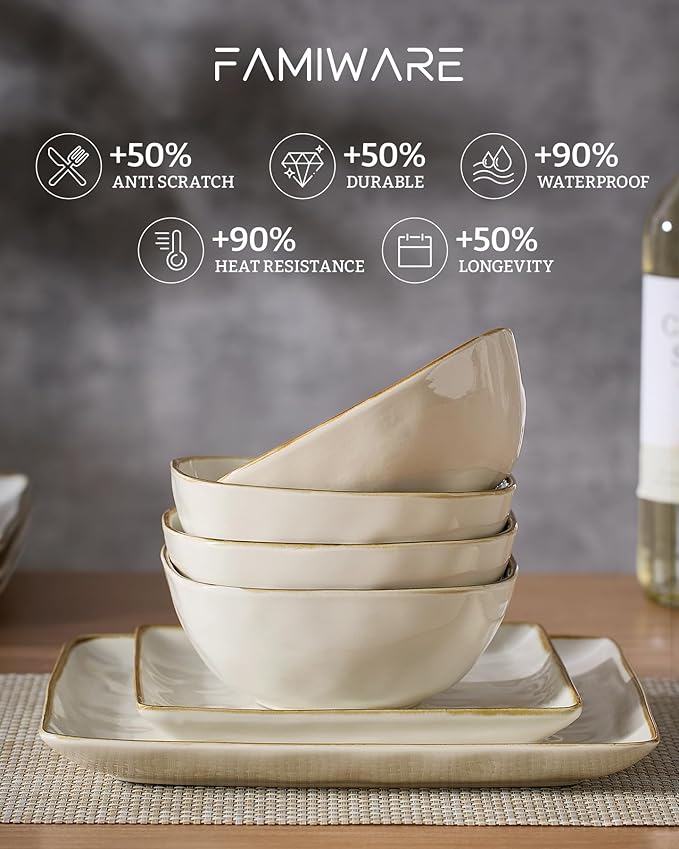 Famiware Dinnerware Sets for 4, Ocean Square 12-Piece Kitchen Plates and Bowls Sets, Microwave and Dishwasher Safe, Scratch Resistant, Vanilla White