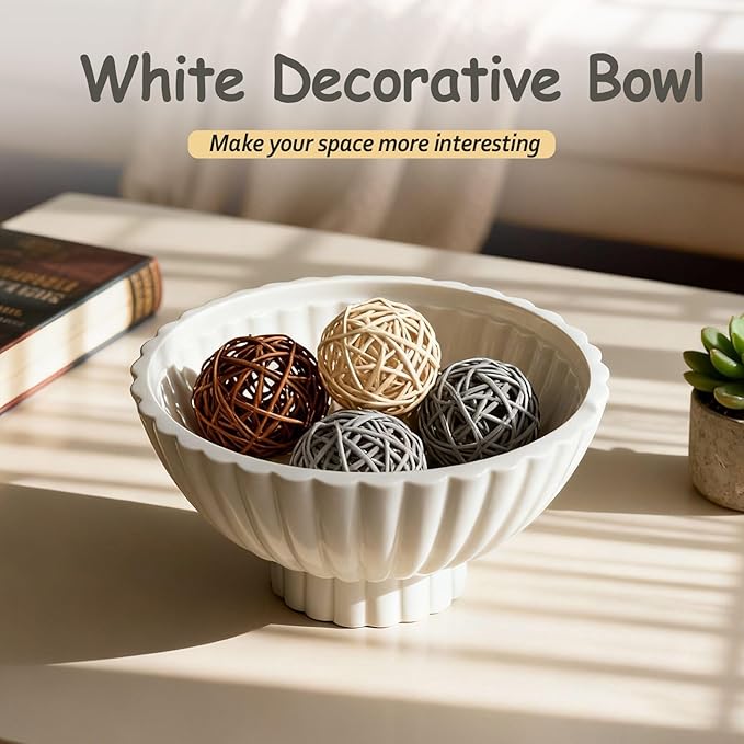 8 Inch White Ceramic Decorative Bowl Modern Small Footed Fruit Bowl Kitchen Counter Key Bowl for Home Decor, Ruffle Pedestal Centerpiece Bowls for Christmas Coffee Table
