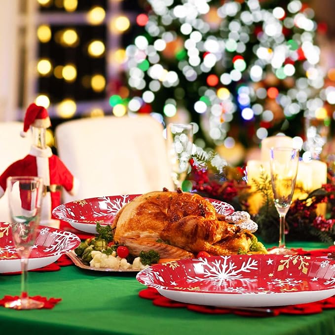 50Pcs Christmas Snowflake Oval Paper Plates 10" x 12" Large Red Gold and White Snowflake Plates Disposable Heavy Duty Christmas Party Decorations for Xmas Winter Holiday New Year Dinner Party Supplies