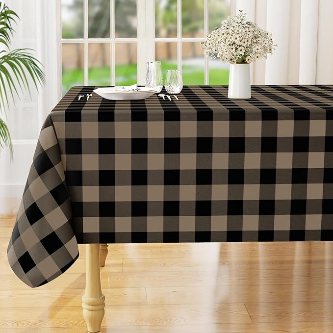misaya Rectangle Waterproof Vinyl Table Cloth, Buffalo Flannel Backed Tablecloth, Wipeable Plastic Table Cover for Dinner, Kitchen, Outdoor (60" x 84", Black and Khaki)