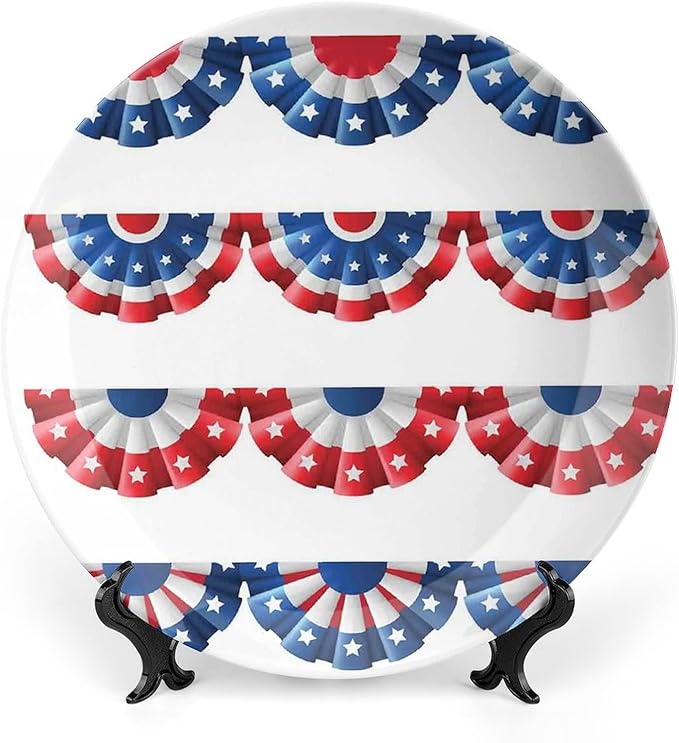 Decorative Plates, American Flag Decor Print Ornament, Flag Round Bunting Election Ornament Pattern, 10 Inch, 1 Plate with 1 Display Stand, Blue Red