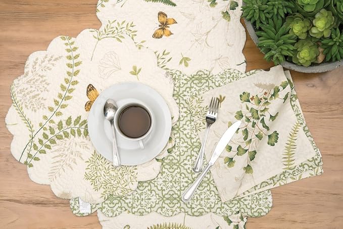 C&F Home 13" x 19" Althea Rectangular Scalloped Edge Cotton Quilted Placemats, Set of 6 Spring Springtime Butterfly Dragonfly Plants Fern Greenery Nature Tabletop Décor Decoration S/6 Rectangular
