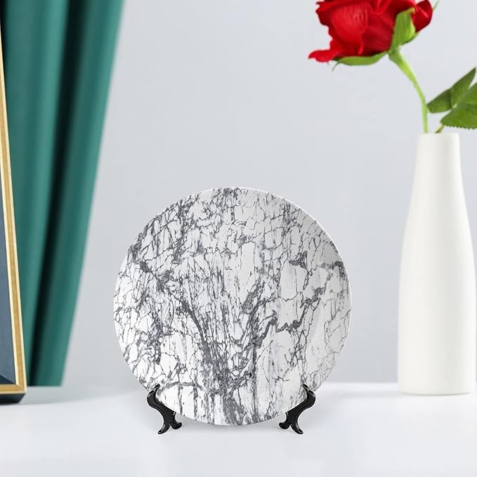 Ceramic Display Plate, Abstract Ceramic Hanging Decorative Plate, Murky Marble Rock Motifs Dynamic Fractal, 7 Inch, Living Room Kitchen Decoration Household, Grey White