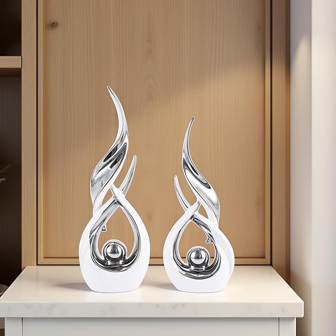 Gold Ceramic Abstract 2 Piece Statue Set,Mid Century Modern Abstract Art Home Decor Statue Mantelpiece on Unique Shelf Decor, TV Cabinet Divider Table top and Dining Table Centerpiece (White Silver)