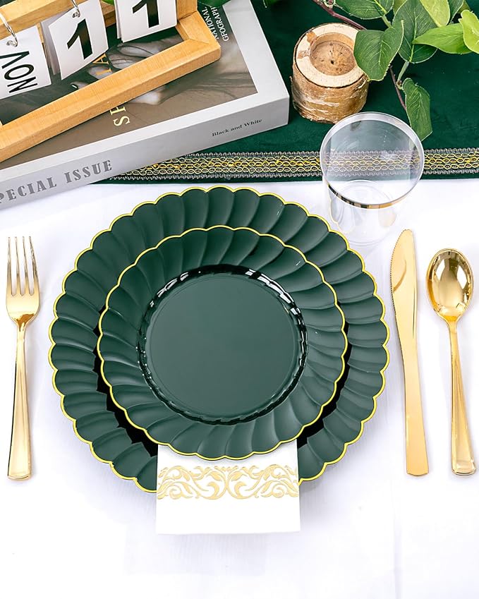 YOUBET 175PCS Green Scalloped Plastic Plates - Green and Gold Disposable Dinnerware Set Include 50 Plates, 75 Gold Silverware, 25 Cups, 25 Napkins for Party & Wedding