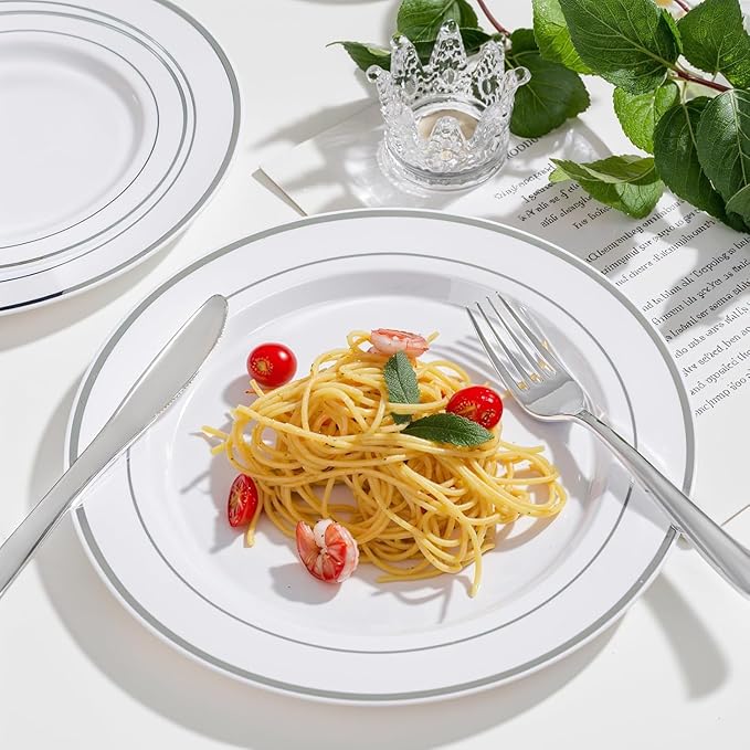 WDF 120PCS Plastic Plates White Silver Rim - Disposable Plates including 60PCS for Dinner 10.25inch, 60 Salad/Dessert Plates 7.5inch Heavy Duty Wedding Party Birthday