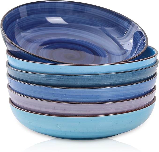 Selamica Ceramic Pasta Bowls Set 34 OZ, Large Salad Bowl 8.6 Inch Deep Plates for Pasta Soup, Microwave & Dishwasher Safe, Set of 6, Gradient Blue