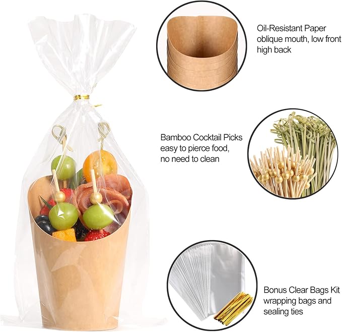 Disposable Charcuterie Cups 120 PCS with 200PCS Sticks and 120PCS Bags, 14 oz Kraft Paper Snack Boxes Appetizers Cup French Fry Holder with Cocktail Skewers Toothpicks Tooth Picks, Brown