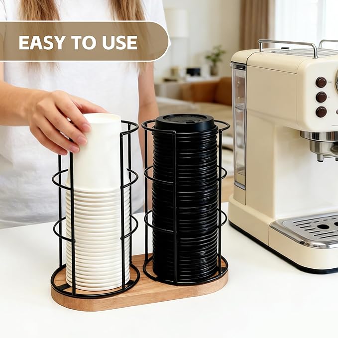 Metal 2-Compartment Coffee Cup Dispenser with Wood Base, Disposable Cup, and Lid Organizer for Countertop, Suitable for Gyms, Offices, Kitchens, Cafes（Black）
