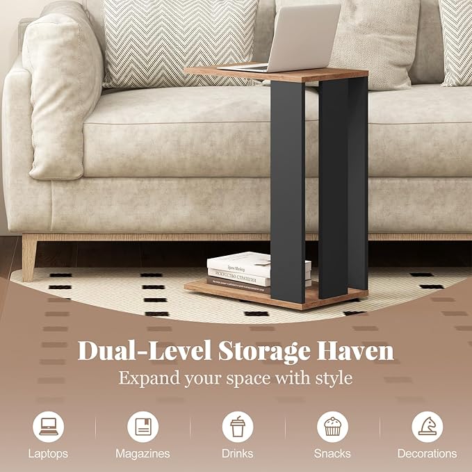 Giantex Rolling C Shaped End Table Set of 2, 2-Tier Sofa Side Table with Universal Wheels & Storage Shelf, Narrow Nightstand for Small Space, Mobile Snack Couch Tray Table for Living Room & Bedroom