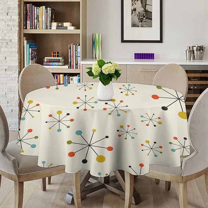 Medieval Round Tablecloth, Boho Mid Century Abstract Modern Retro Colors Pattern Tablecloth for Home Party Dining Room Kitchen Decor 70Inch(178cm)