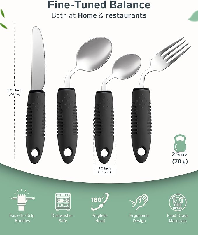 4-Piece Adaptive Utensils Set - 42° Angled Parkinsons Utensils, 2.5 oz Weighted Utensils for Tremors and Parkinsons Patients, Easy Grip Weighted Silverware for Hand Tremors (Left-Handed)