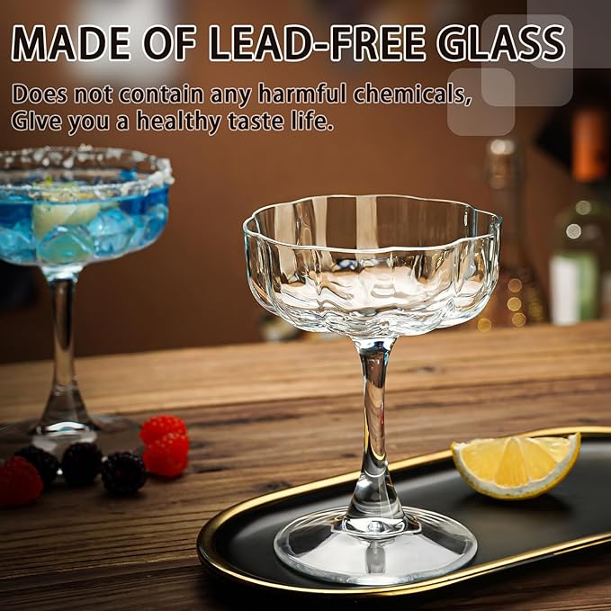 Vintage Art Deco Coupe Glasses, Set of 6 Flower Wave Coupe Cocktail Glasses, 6.5oz Classic Martini Glasses, Hand Blown Manhattan Goblet for Bar, Martini, Cosmopolitan, Gimlet, Pisco Sour